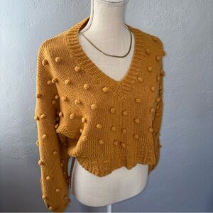 En Créme Cozy Mustard Pom-Pom Cropped Sweater Sz Small